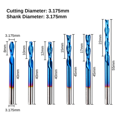 SD06A, 1/8" Shank, 2 Flute, Spiral Down Cut, Milling Cutter Bit Set, 6-PCS