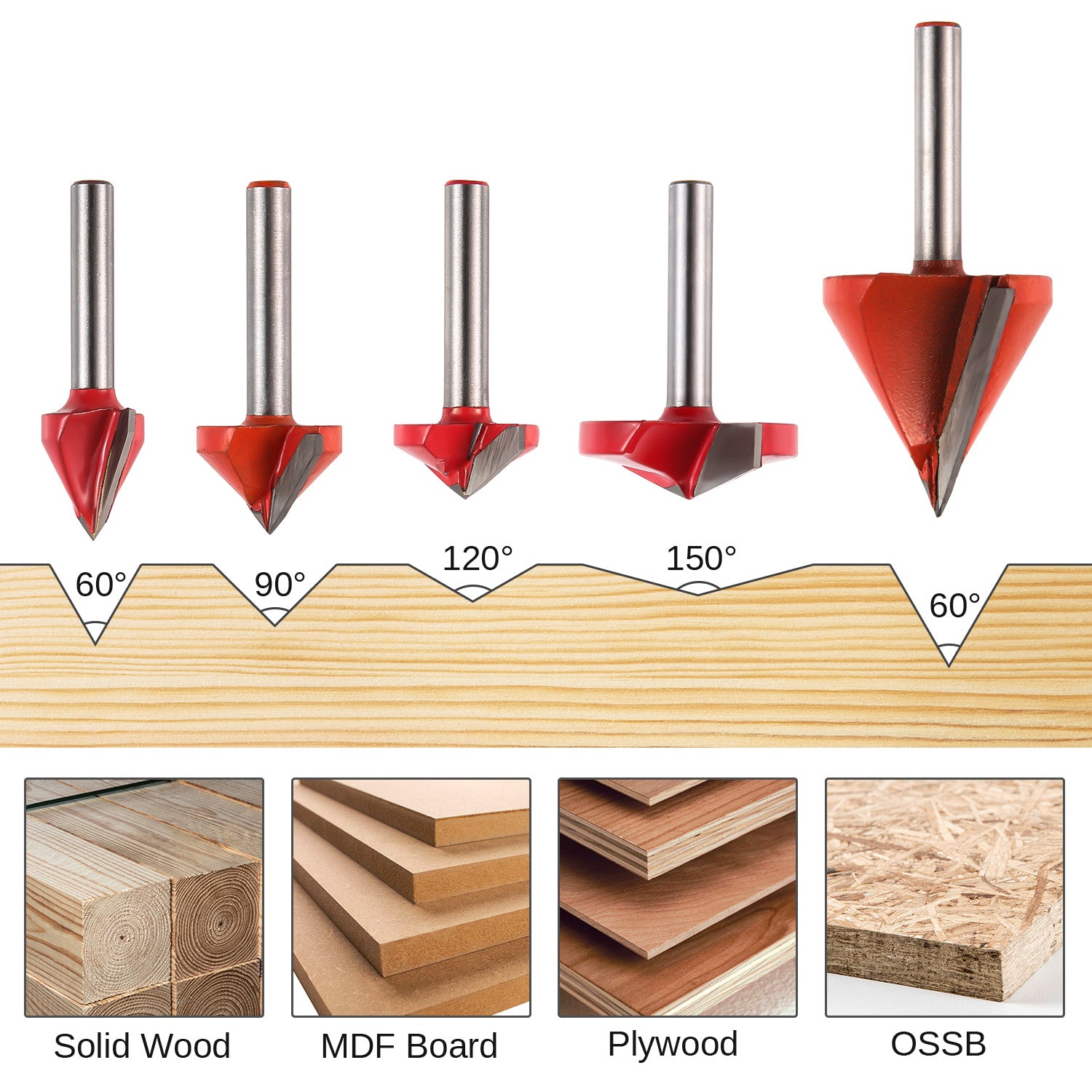 Genmitsu VG05A, 6mm Shank, V-Groove 20° 60° 90° 120° 150°V, 5-PCS Router  Bits Set | SainSmart – SainSmart.com