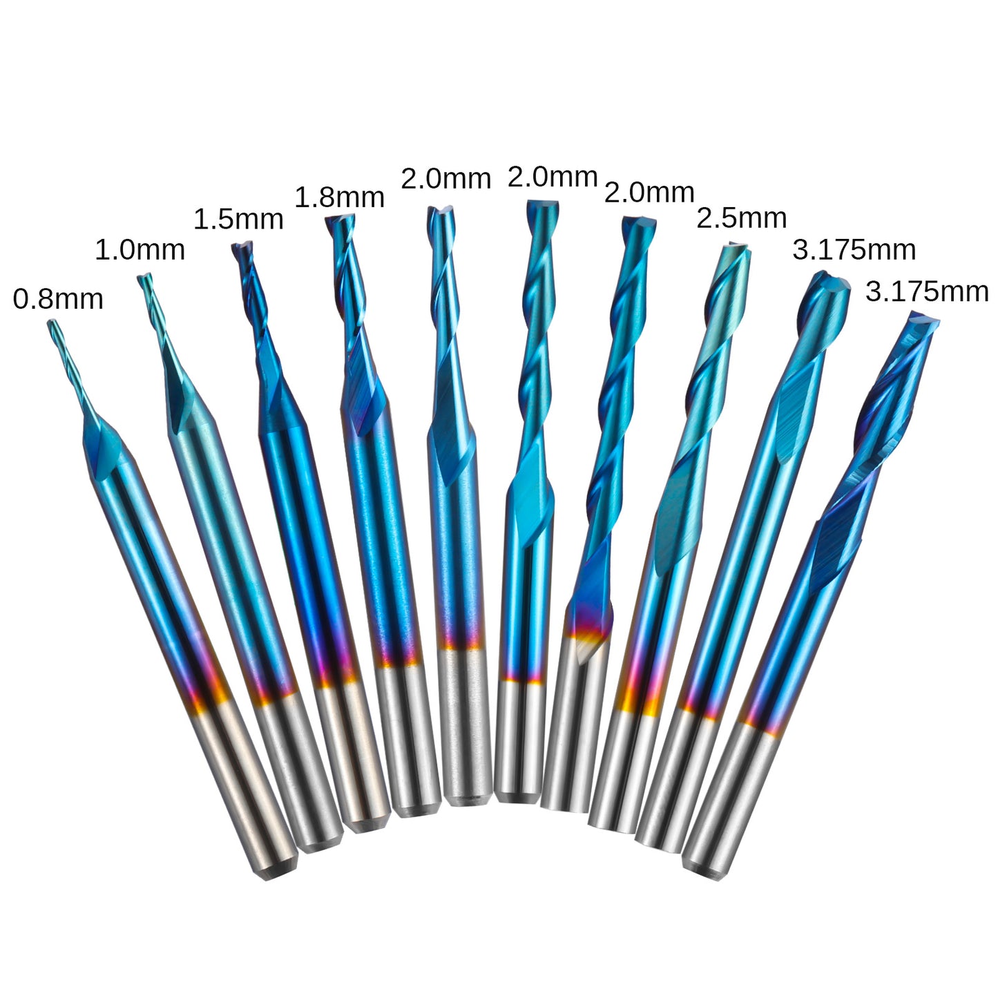 FN10A, 1/8'' Shank, 2-Flute, Flat Nose, 0.8mm-3.175mm Cutting, 10Pcs Spiral End Mill