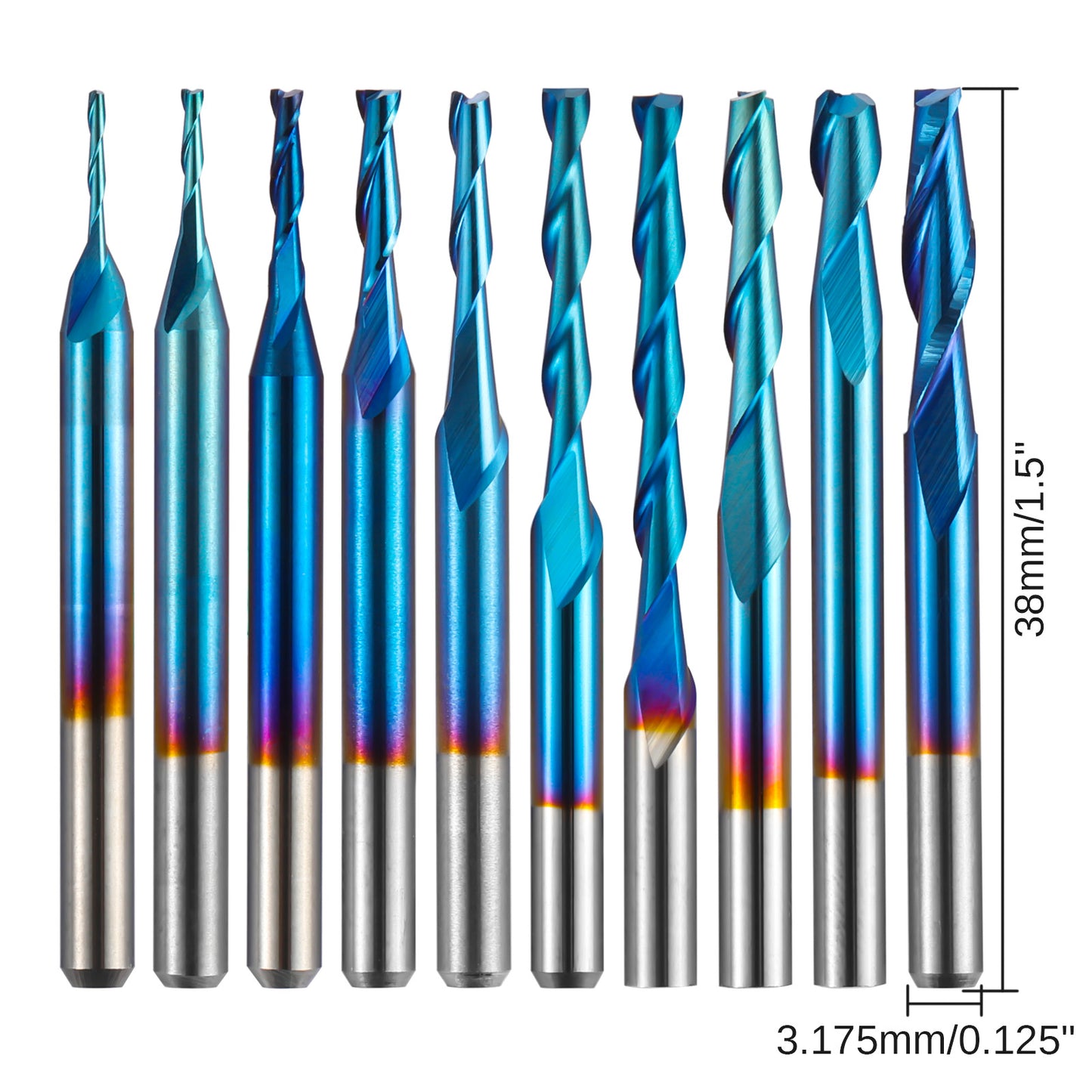 FN10A, 1/8'' Shank, 2-Flute, Flat Nose, 0.8mm-3.175mm Cutting, 10Pcs Spiral End Mill