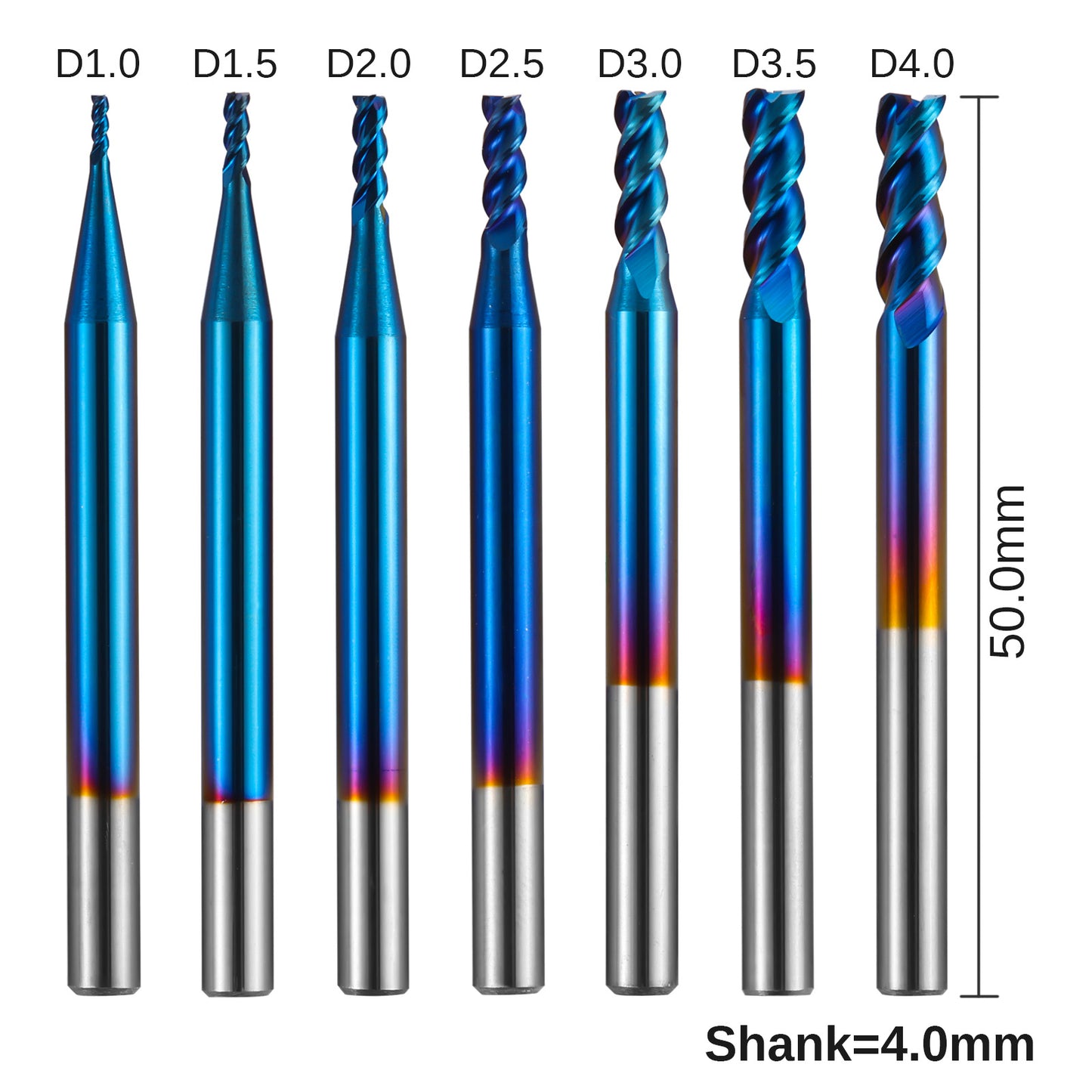 SN07A, 4mm Shank, 3-Flute, Square End Mill, for Aluminum Applications, 7 Pcs