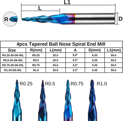 TB04B, 1/4" Shank, 2-Flute, Tapered Ball Nose, Spiral End Mill, 4 Pcs