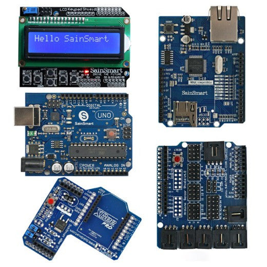 [Discontinued] SainSmart UNO + SainSmart LCD Keypad Shield + SainSmart XBee Shield + SainSmart Sensor Shield V4 + SainSmart Ethernet Shield For Arduino