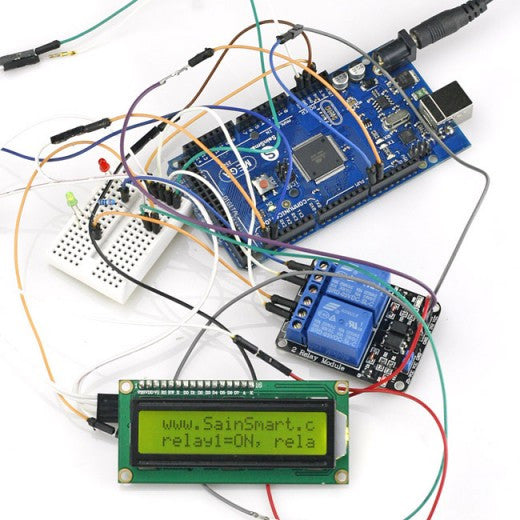 [Discontinued] SainSmart Mega2560 + SainSmart Prototype Shield V3 +SainSmart 2-Channel Relay+1602 IIC LCD For Arduino