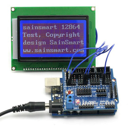 [Discontinued] SainSmart UNO +12864 Graphic Blue LCD + Sensor Shield V5 for Arduino UNO MEGA R3 ATMEL AVR