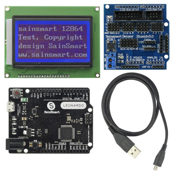 [Discontinued] SainSmart Leonardo R3+12864 LCD+Sensor Shield V5 Kit For Arduino AVR ATmega8U2