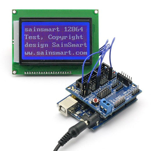 [Discontinued] SainSmart UNO +12864 Graphic Blue LCD + Sensor Shield V5 for Arduino UNO MEGA R3 ATMEL AVR