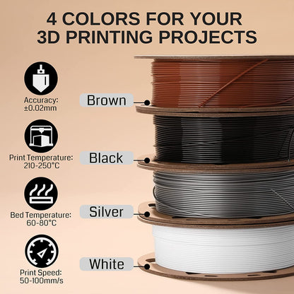 Black, White, Brown, Silver 1.75mm PRO-3 PETG Filament, 500g x 4pack