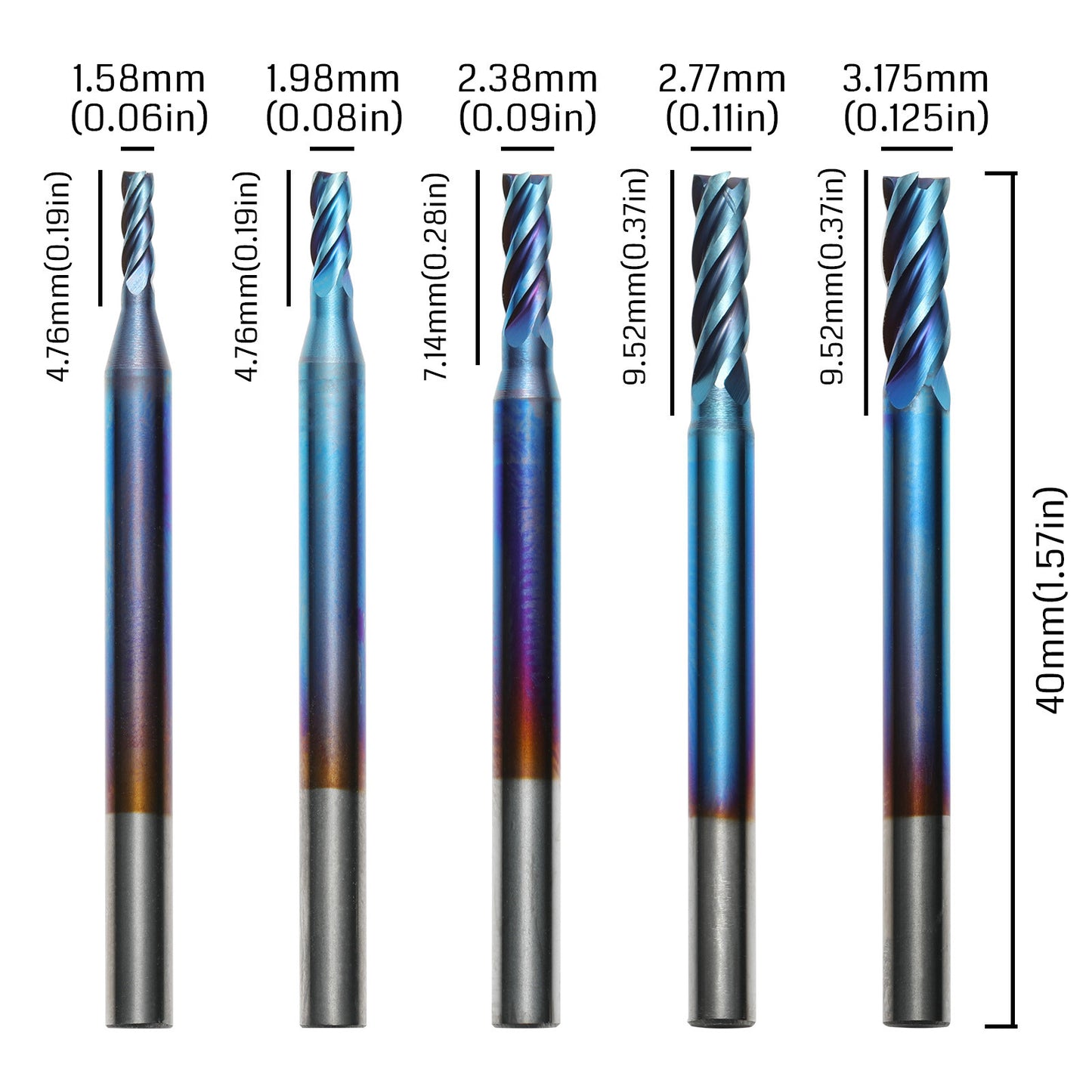 [Discontinued] SN05A, 1/8" Shank, 0.06"-0.125" Cutting, for Steel and Iron, 5Pcs End Mill Set