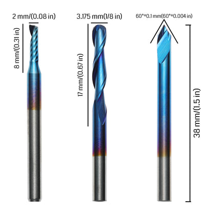 EM10B, 1/8" Shank, End Mill Set, for Nylon, Resin, ABS, Acrylic, PVC, MDF, Hardwood,10Pcs