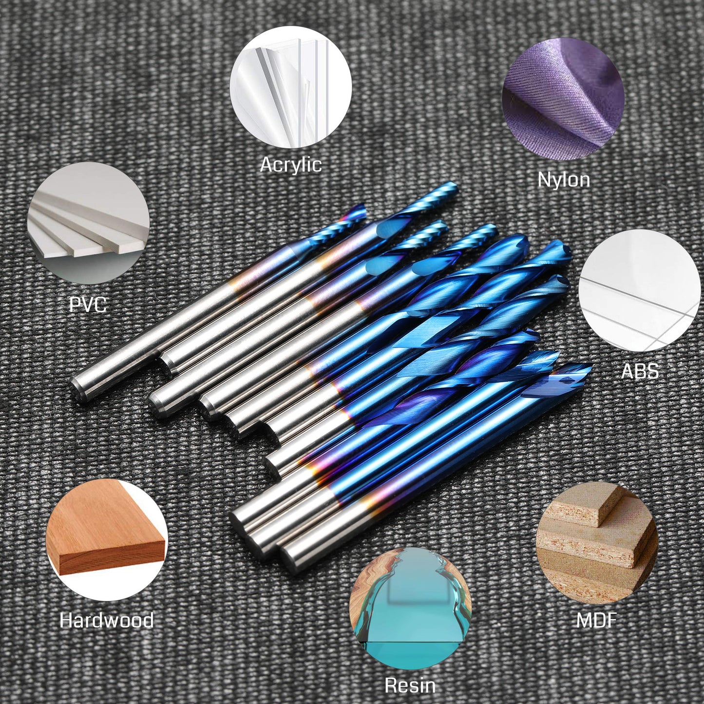 EM10B, 1/8" Shank, End Mill Set, for Nylon, Resin, ABS, Acrylic, PVC, MDF, Hardwood,10Pcs